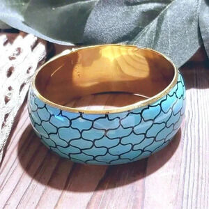 Turquoise Blue Enamel and Raw Brass Metal Geometric Pattern Bangle Bracelet
